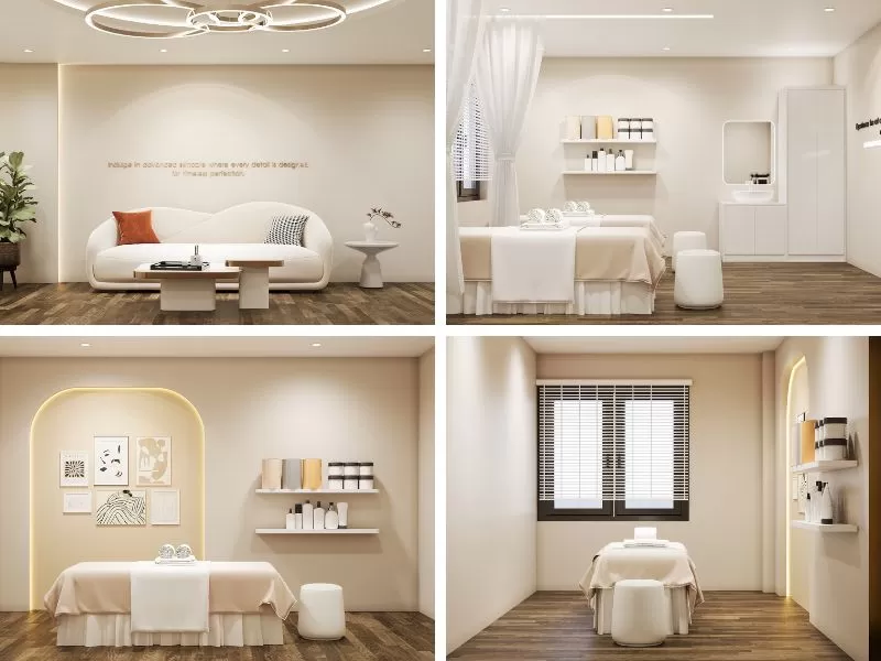 Không gian spa chăm sóc da sang trọng, tinh gọn tập trung vào sự cân bằng giữa thẩm mỹ và công năng. Thiết kế ưu tiên những đường nét đơn giản, nội thất cao cấp, màu sắc trung tính cùng hệ thống ánh sáng hài hòa để tạo nên cảm giác hiện đại và thư thái. Việc lược bỏ các chi tiết không cần thiết giúp không gian trở nên rộng rãi, gọn gàng nhưng vẫn toát lên vẻ đẳng cấp, mang đến trải nghiệm chuyên nghiệp và thoải mái cho khách hàng.