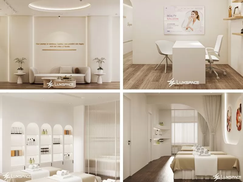 Không gian spa chăm sóc da hiện đại được thiết kế với tiêu chí tối ưu công năng, đề cao sự tiện nghi và trải nghiệm khách hàng. Nội thất có đường nét gọn gàng, gam màu trung tính kết hợp cùng hệ thống ánh sáng khoa học giúp không gian trở nên rộng rãi, tinh tế và chuyên nghiệp. Phong cách này không chỉ đáp ứng nhu cầu vận hành hiệu quả mà còn góp phần nâng cao hình ảnh thương hiệu, tạo sự tin tưởng cho khách hàng ngay từ lần đầu trải nghiệm.